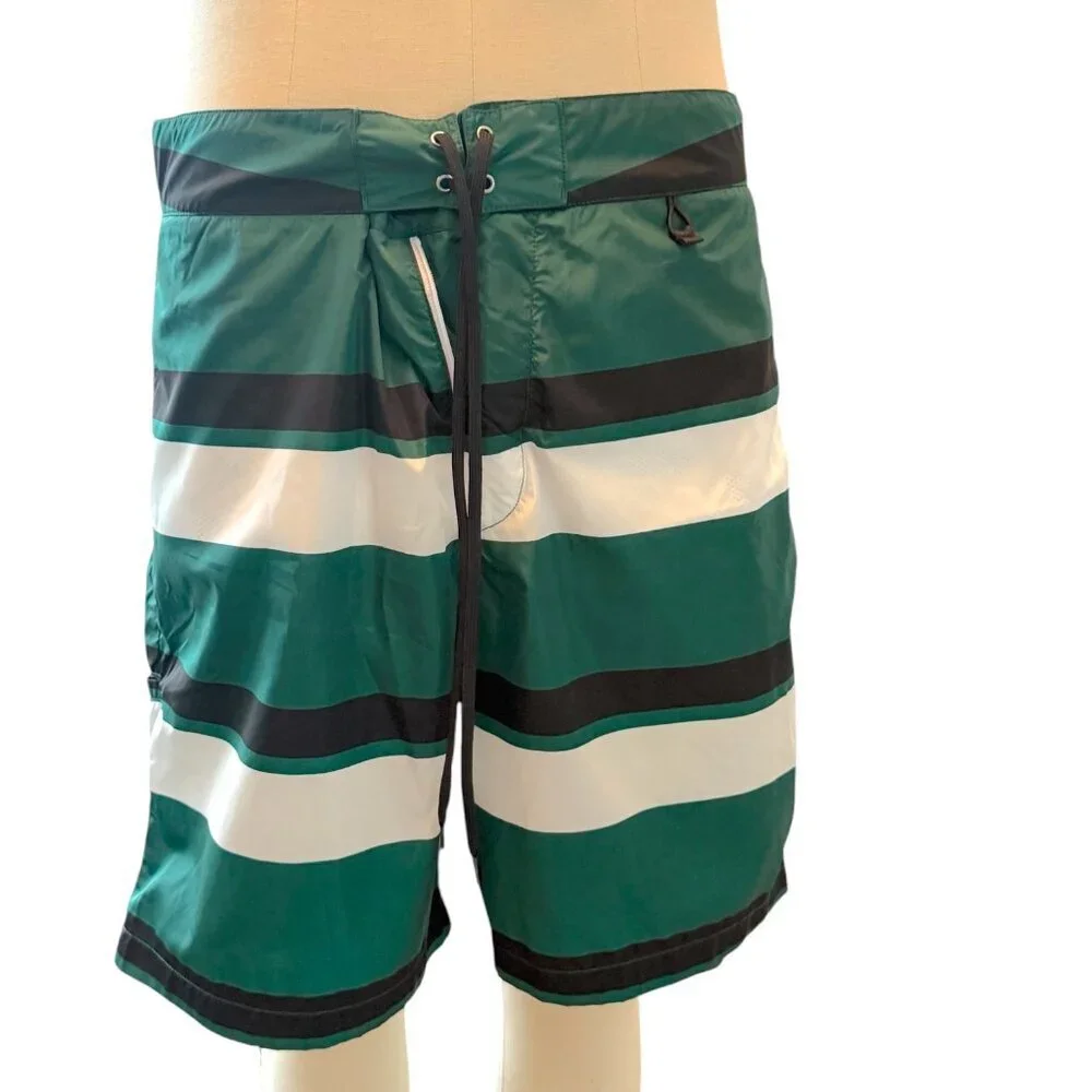 PRADA UB334 Men's Green Boxer Baiadera Nylon Striped Swim Suit Sz. 50- 34